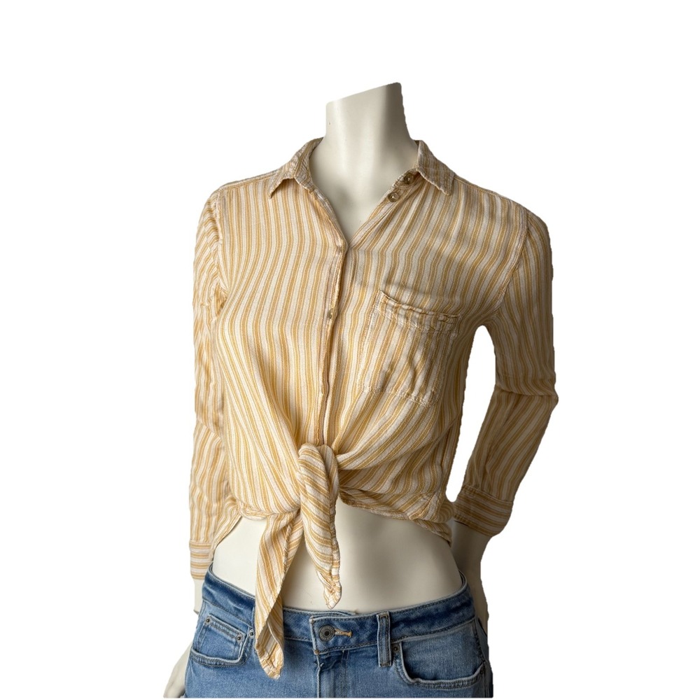 American Eagle Striped Button Down Top Women's Small Mustard Yellow Soft Viscose